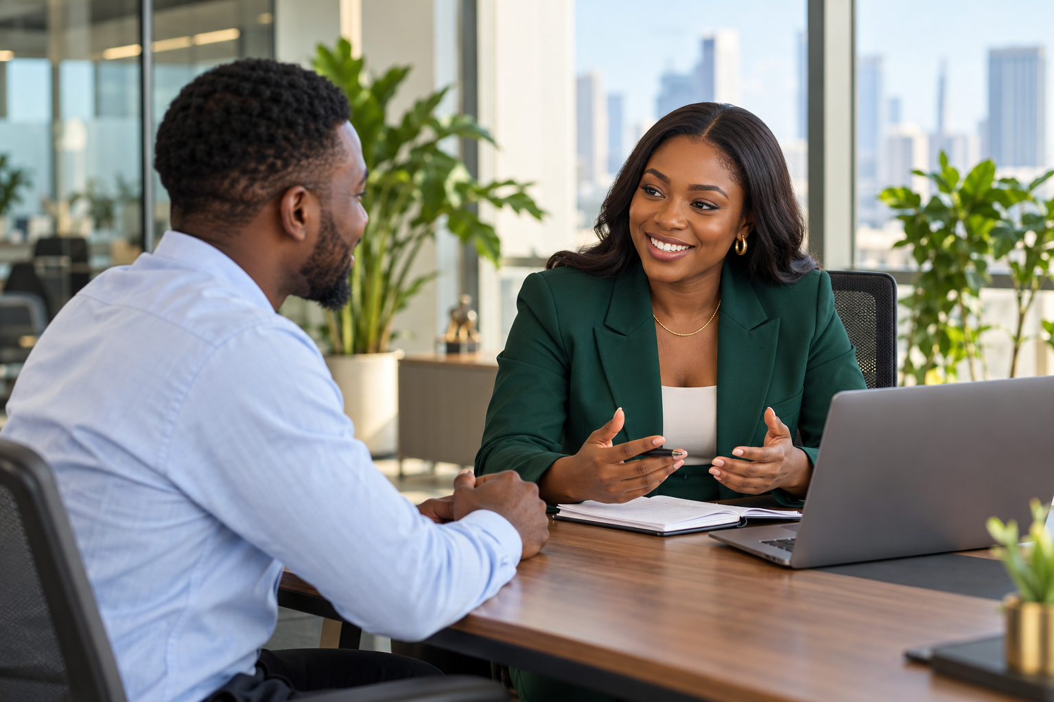 A recruiter and professional discussing a workplace opportunity